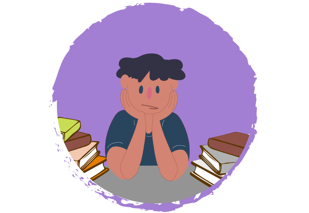 Illustration of a person sitting at a table with their head resting on their hands. Stacks of books are placed on both sides against a purple background.