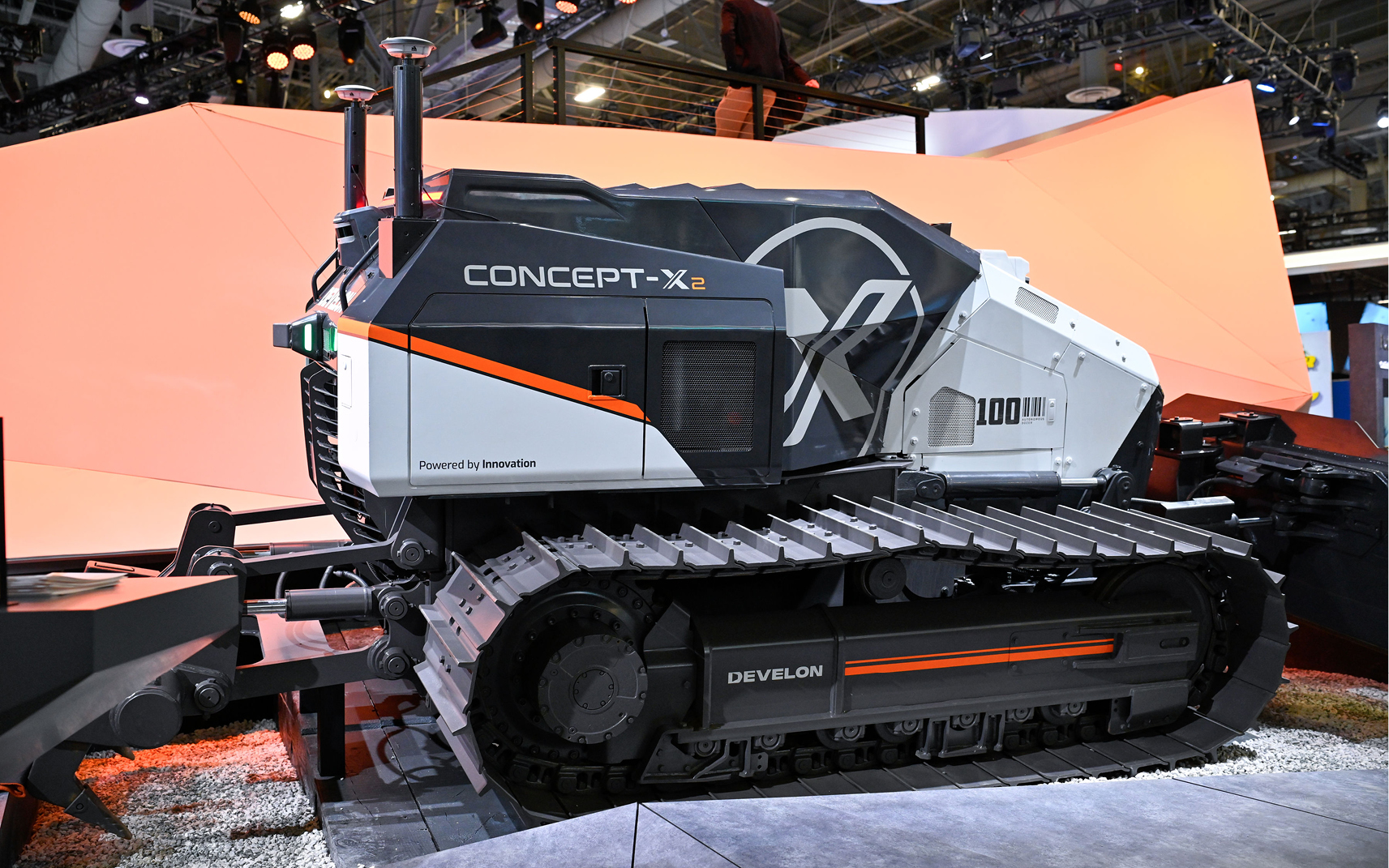 The DEVELON Concept-X2 autonomous dozer is displayed at CES 2024.