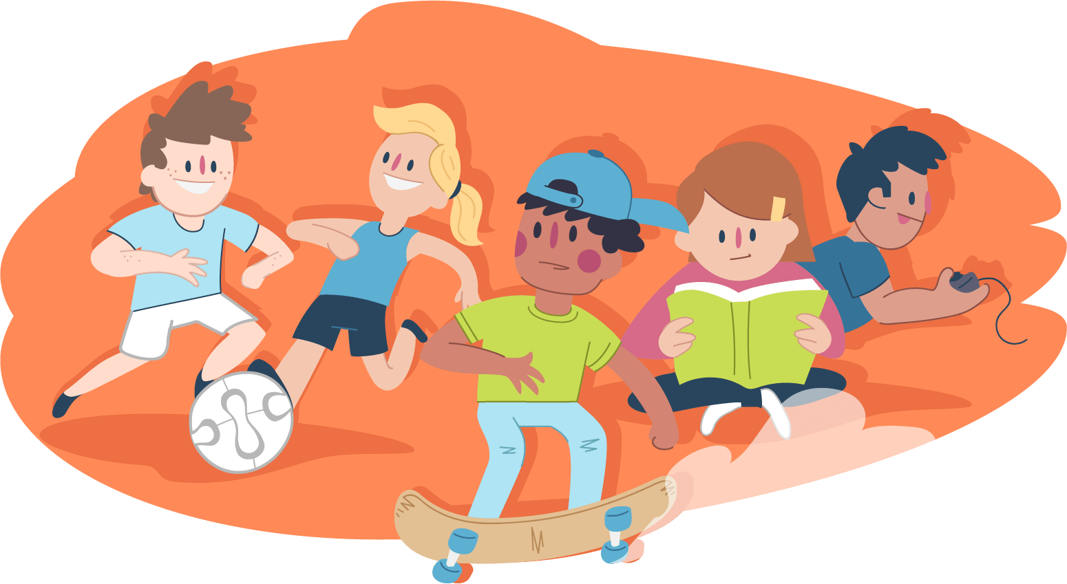 Illustration of several children playing and relaxing, including activities such as reading, gaming, skateboarding and ball play.