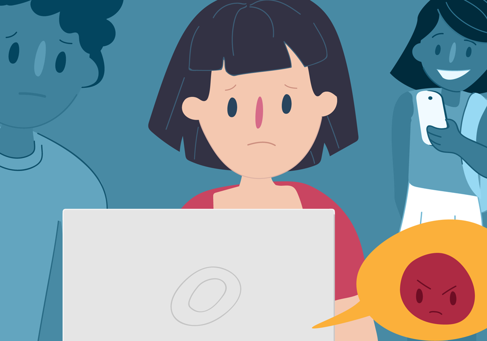 A girl frowning at a laptop screen.