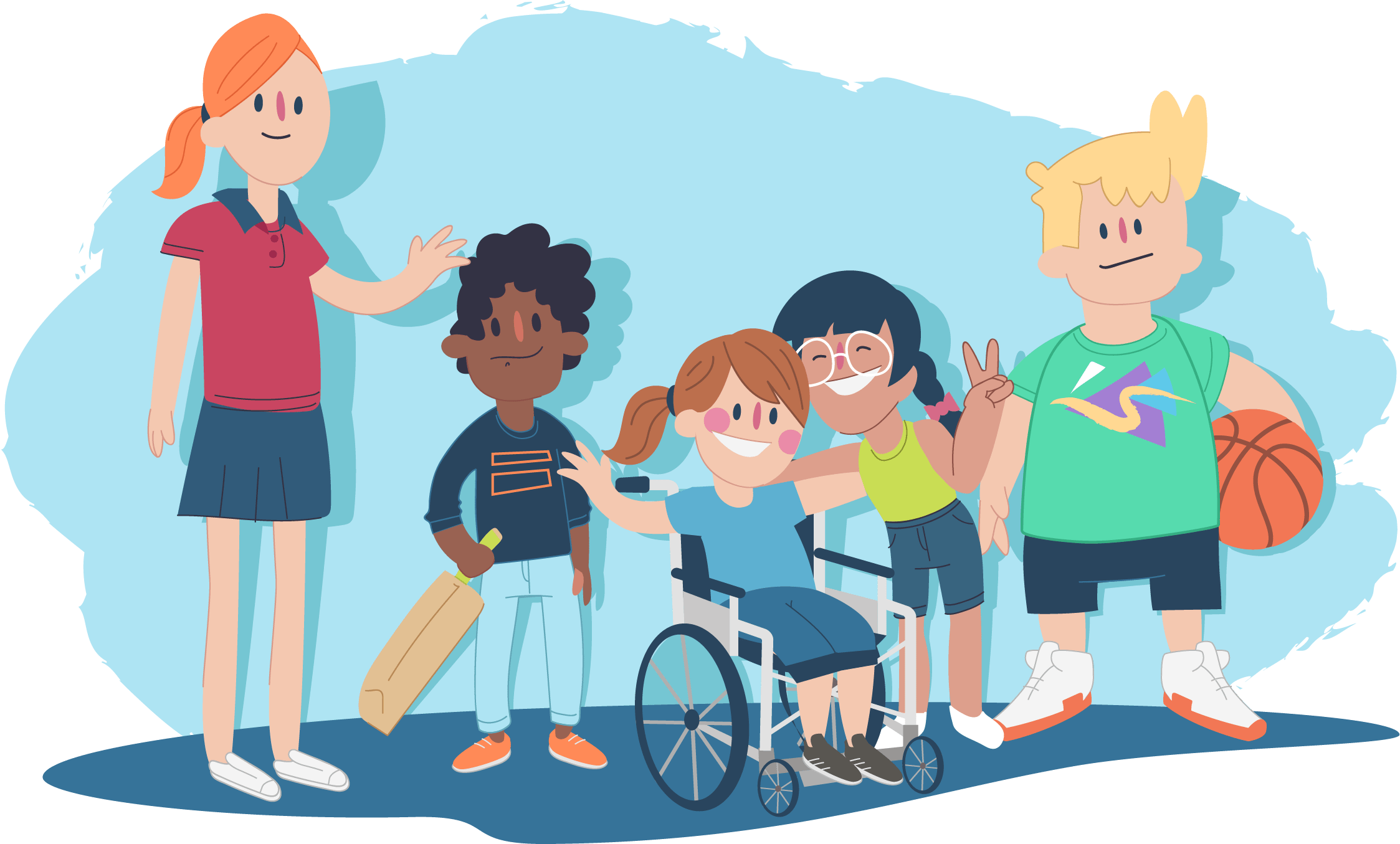 Illustration of a group of children standing together, including one child seated in a wheelchair and others holding sports equipment.