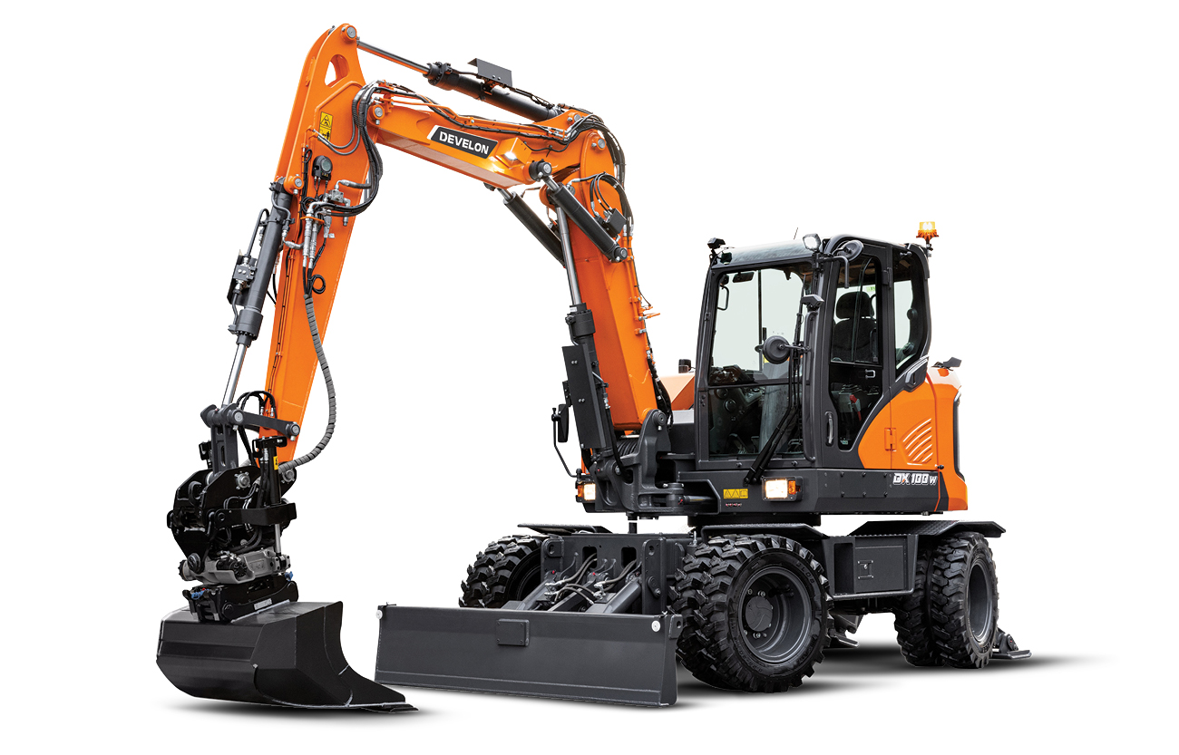 Cut out background of DEVELON DX100W-7 Mini (Compact) Wheeled Excavator.