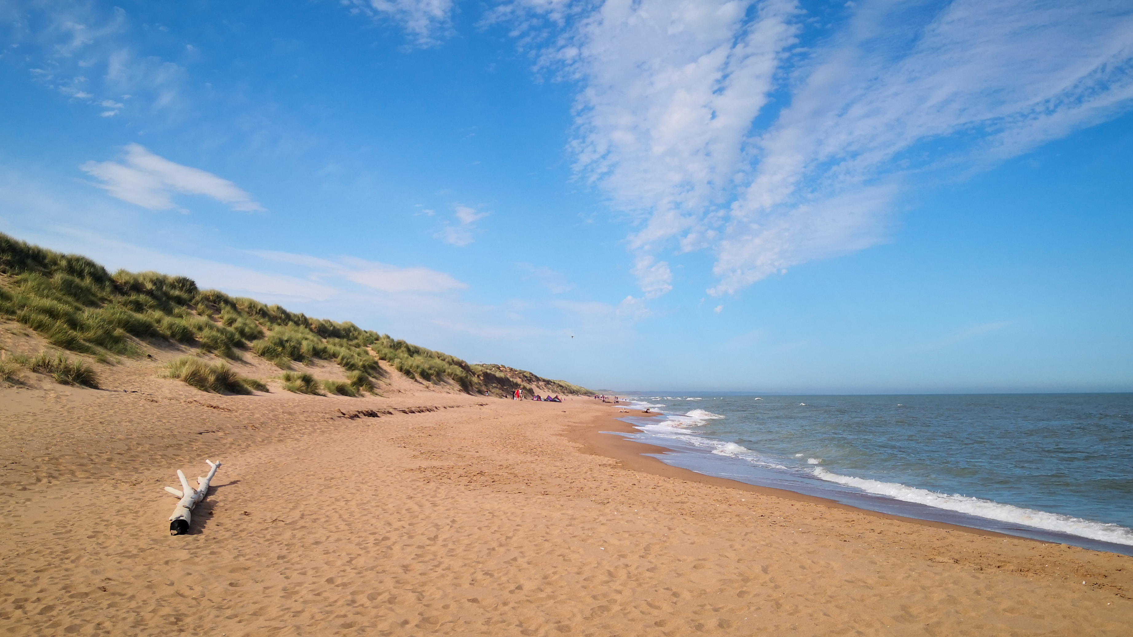 A peaceful stretch of Balmedie Beach with golden sand and grassy dunes under a bright blue sky. A single piece of driftwood lies near the foreground, with a few people in the distance enjoying the shoreline.