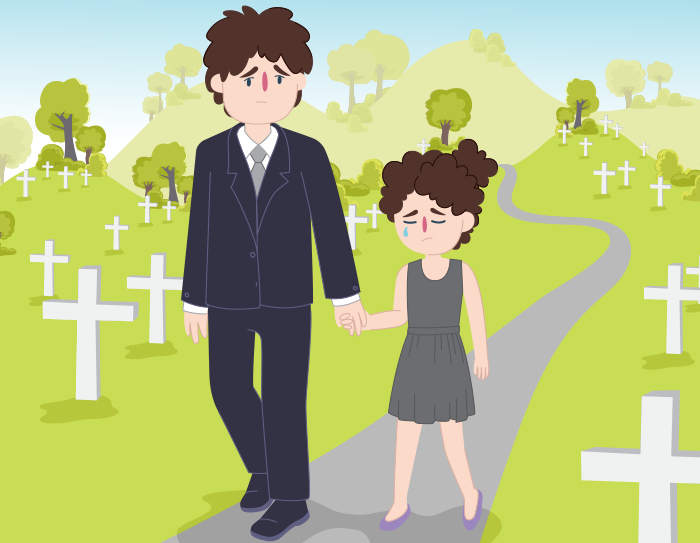 Parent holding the hand of a child who is crying while walking through a graveyard. 
