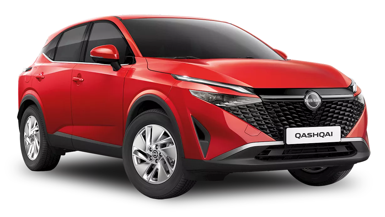 A red Nissan Qashqai compact SUV displayed on a transparent background. The vehicle features a bold front grille, sharp LED headlights, and a sporty, aerodynamic design. Known for its blend of practicality and style, the Qashqai is a popular choice for urban and family driving.