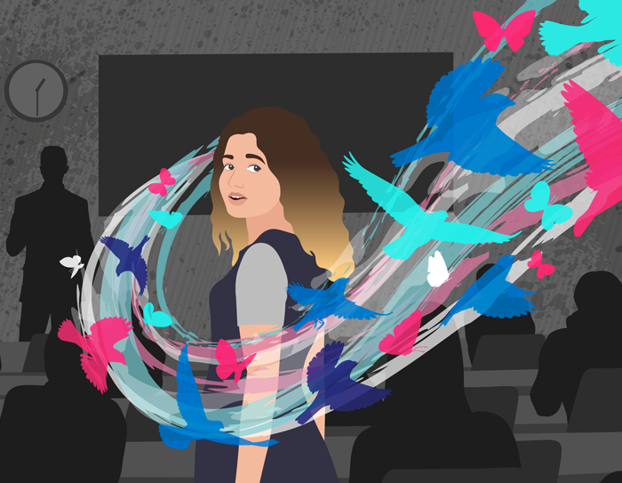 A girl turns - illustrated birds zoom around her