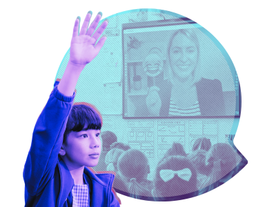 A child raises their hand in class to ask a Kids Helpline Counsellor a question.