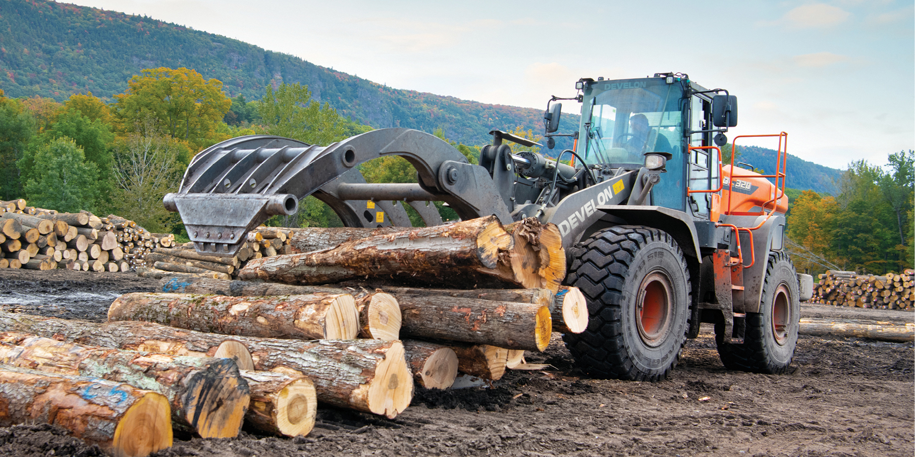 DEVELON wheel loader with grapple bucket hauls trees on a job site.