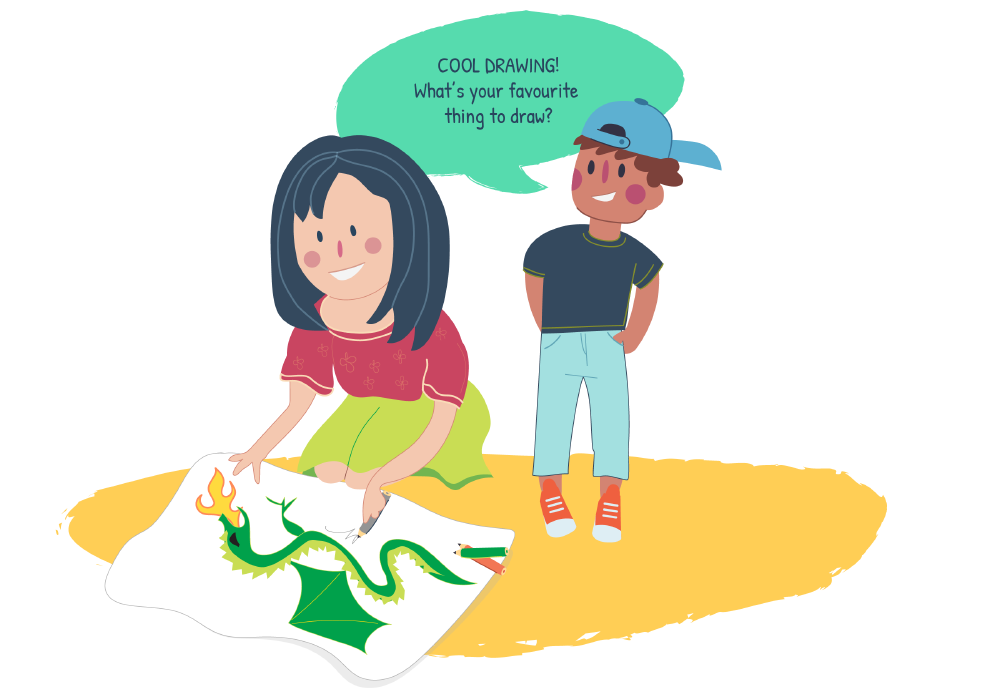 A girl drawing a picture of a dragon on the ground while a boy comments positively.
