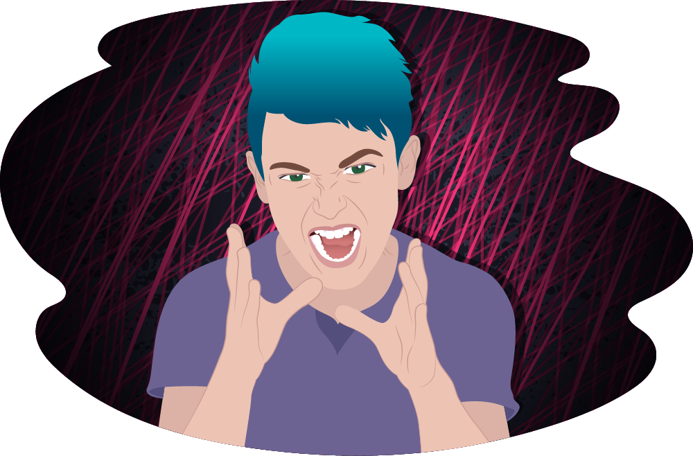 An illustration of a person shown from the shoulders up with hands raised near their face, while they are frowning and their mouth is open and a dark, scribbled background behind them.