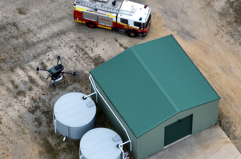 This is an image of a tethered drone parked next to a fire engine for Vocus and Challenge Networks' Emergency Services Starlink/Wireless Communications demonstration.
