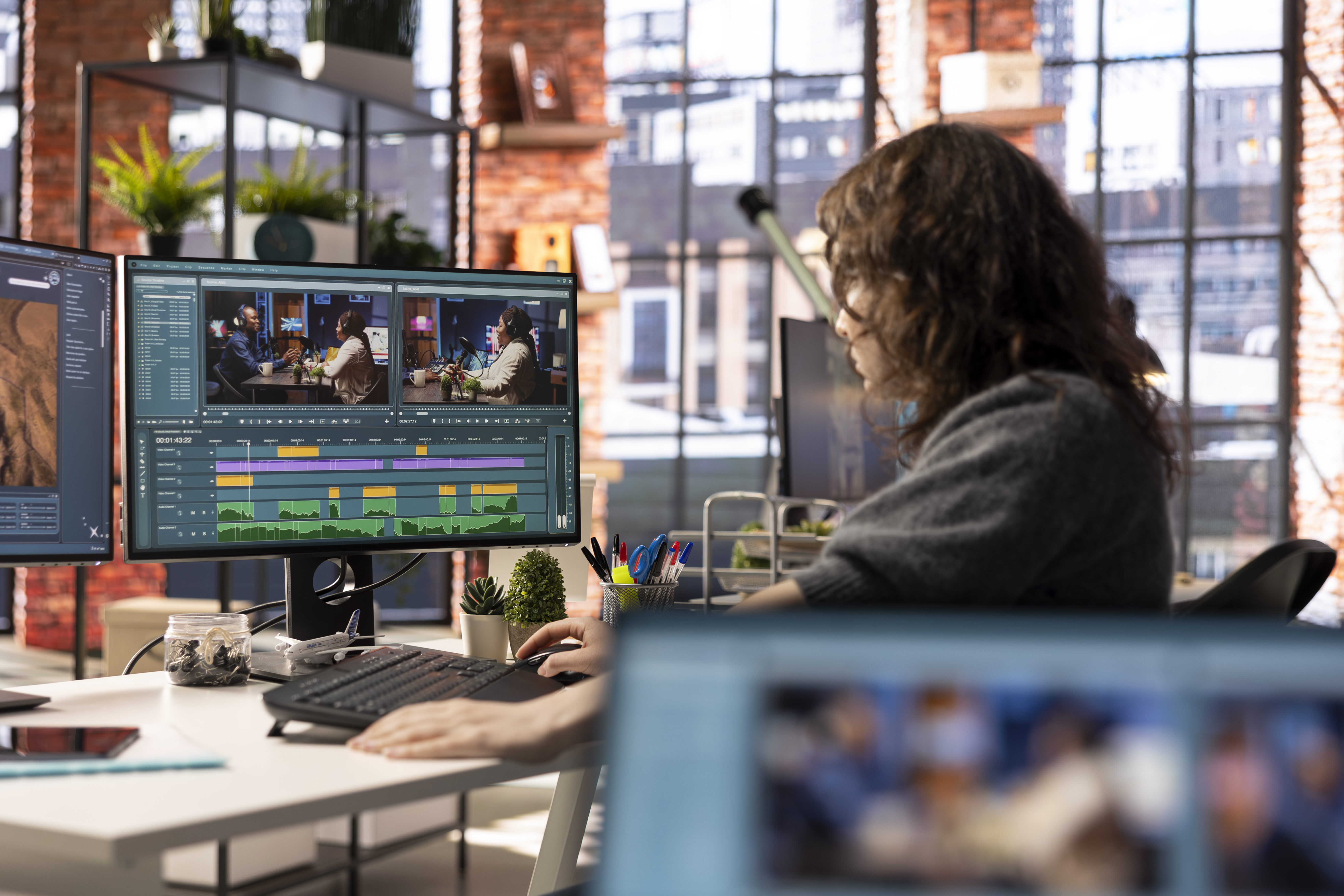 A creator sits at a desk and uses AI in AV tools to edit video.