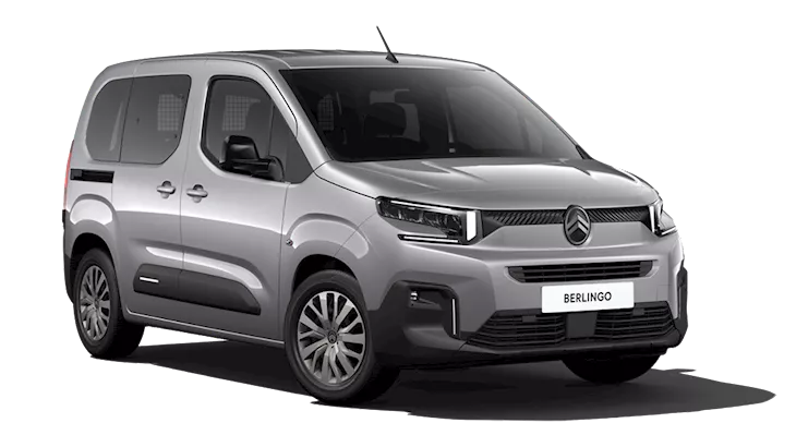 Front-side view of a silver Citroën Berlingo MPV, showcasing a modern front grille and compact, family-friendly design.