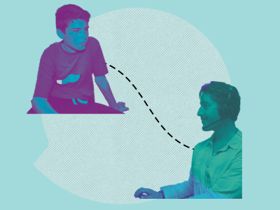 A young person with a dotted line connected him to a counsellor talking on the phone.