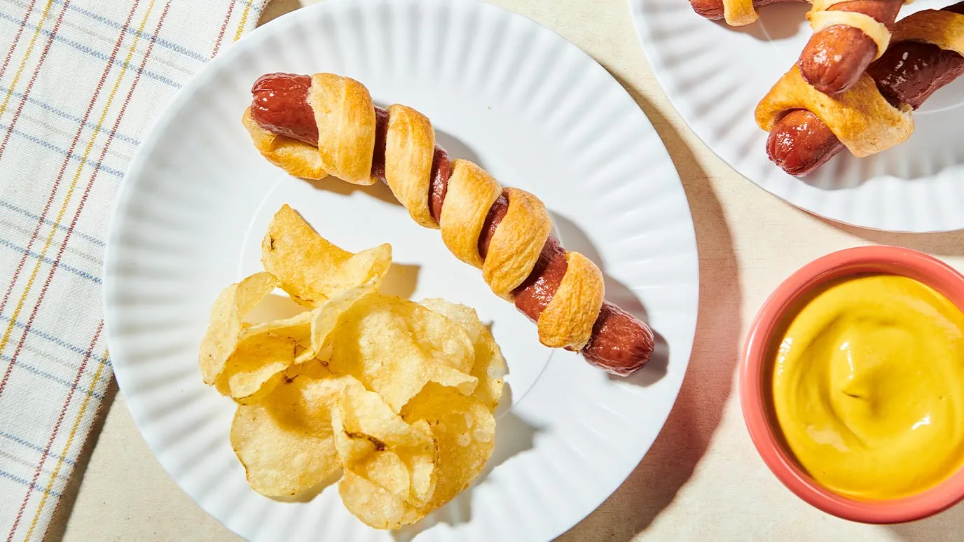 Crescent Wrapped Air Fryer Hot Dogs with Mustard