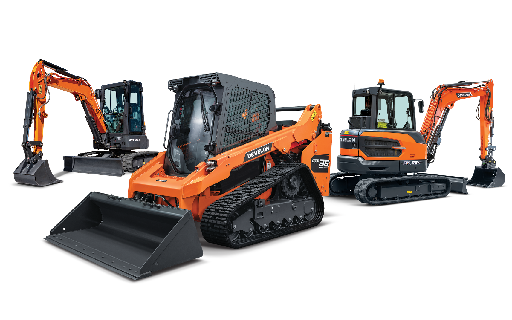 A DEVELON DTL35 compact track loader and two mini excavators on a white background.