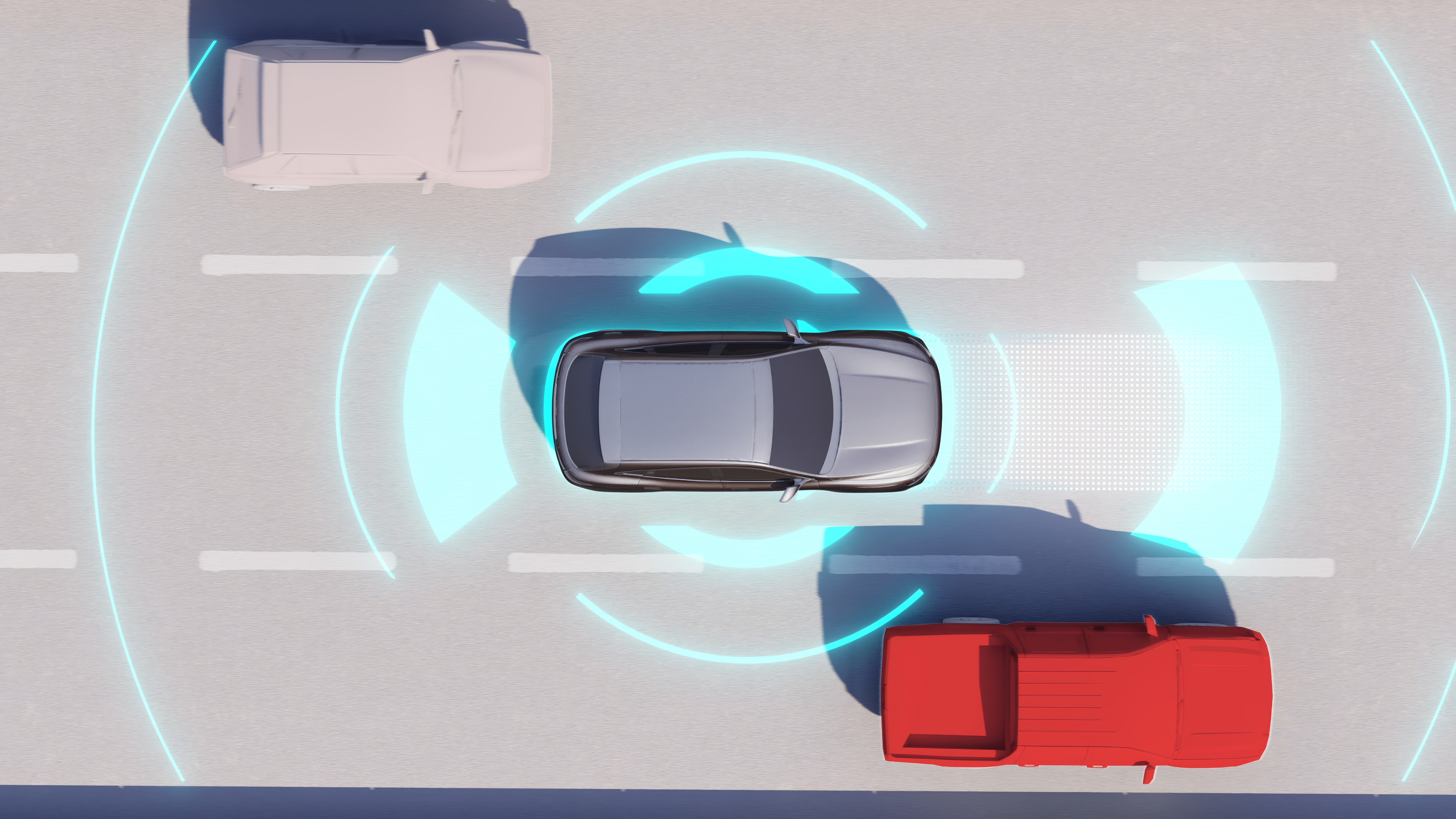 Top-down illustration of a car using autonomous driving or driver assistance technology, with blue radar-like sensor waves detecting surrounding vehicles in adjacent lanes.