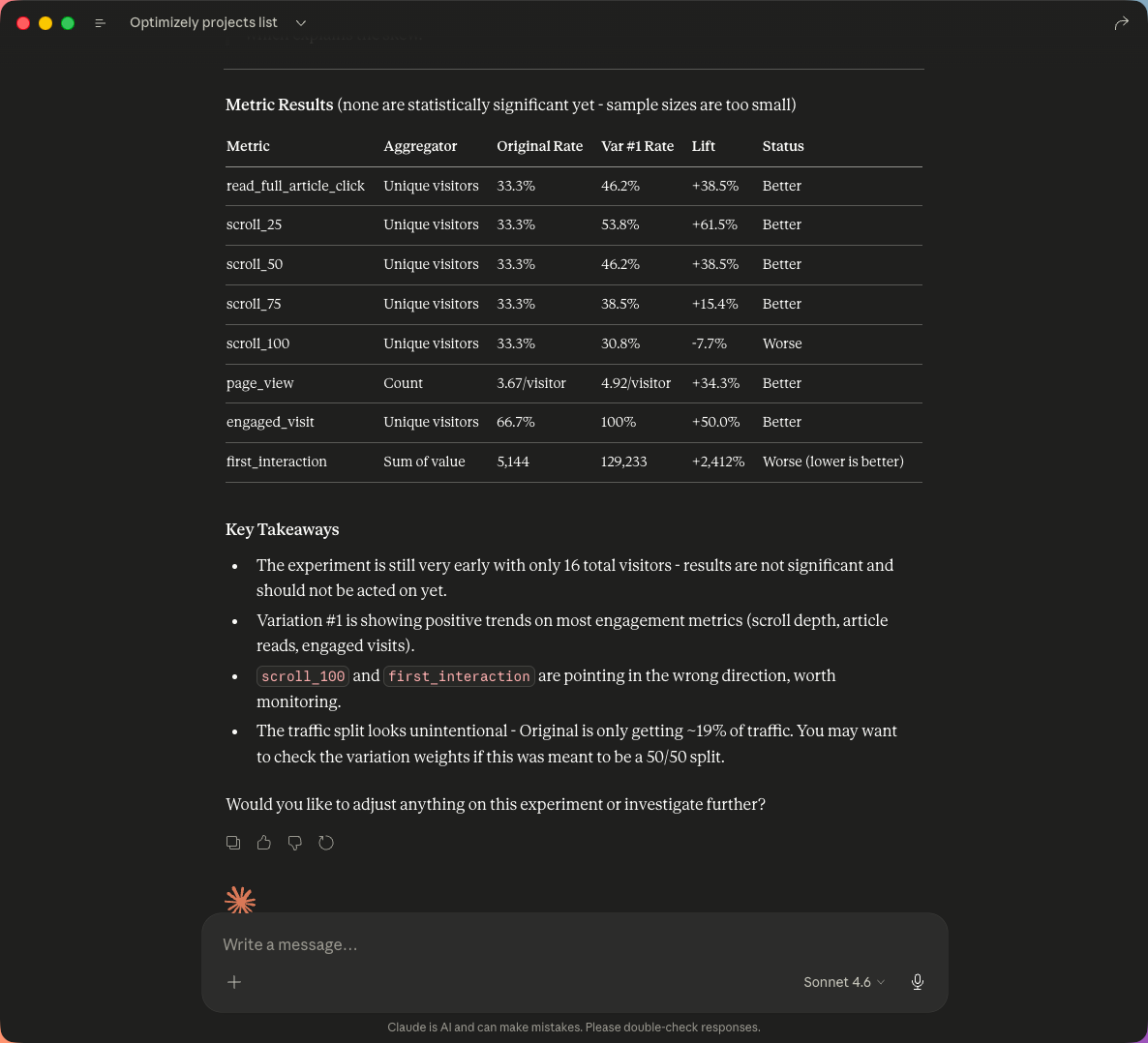 Claude displaying the status, type, traffic allocation and modification dates of experiments in the Niteco Sandbox project