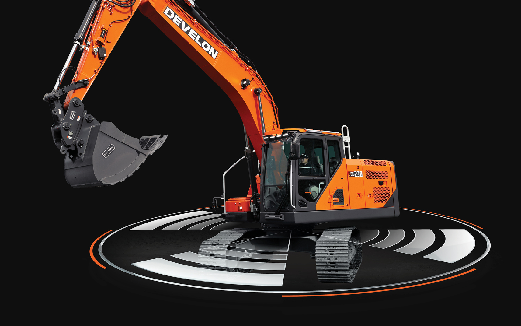 Callout of the DEVELON -9 Series excavators illustrating the advanced sensors for job site safety.