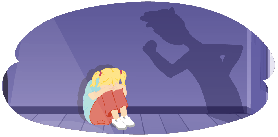 Illustration of a child sitting on the floor with knees drawn up and arms covering their head. A large shadow of an adult figure appears on the wall nearby.