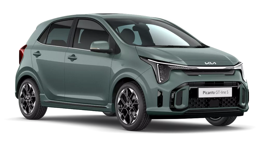 A green Kia Picanto GT-line S hatchback shown on a transparent background. The car features a sporty design with a bold front grille, sharp LED headlights, and sleek black alloy wheels.