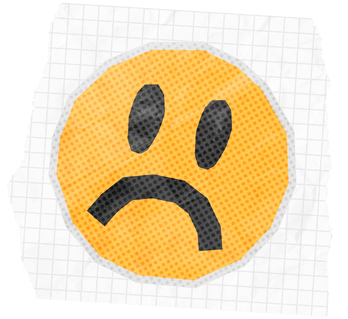 An illustrated circular face with a downturned mouth and oval eyes on a light gird background.