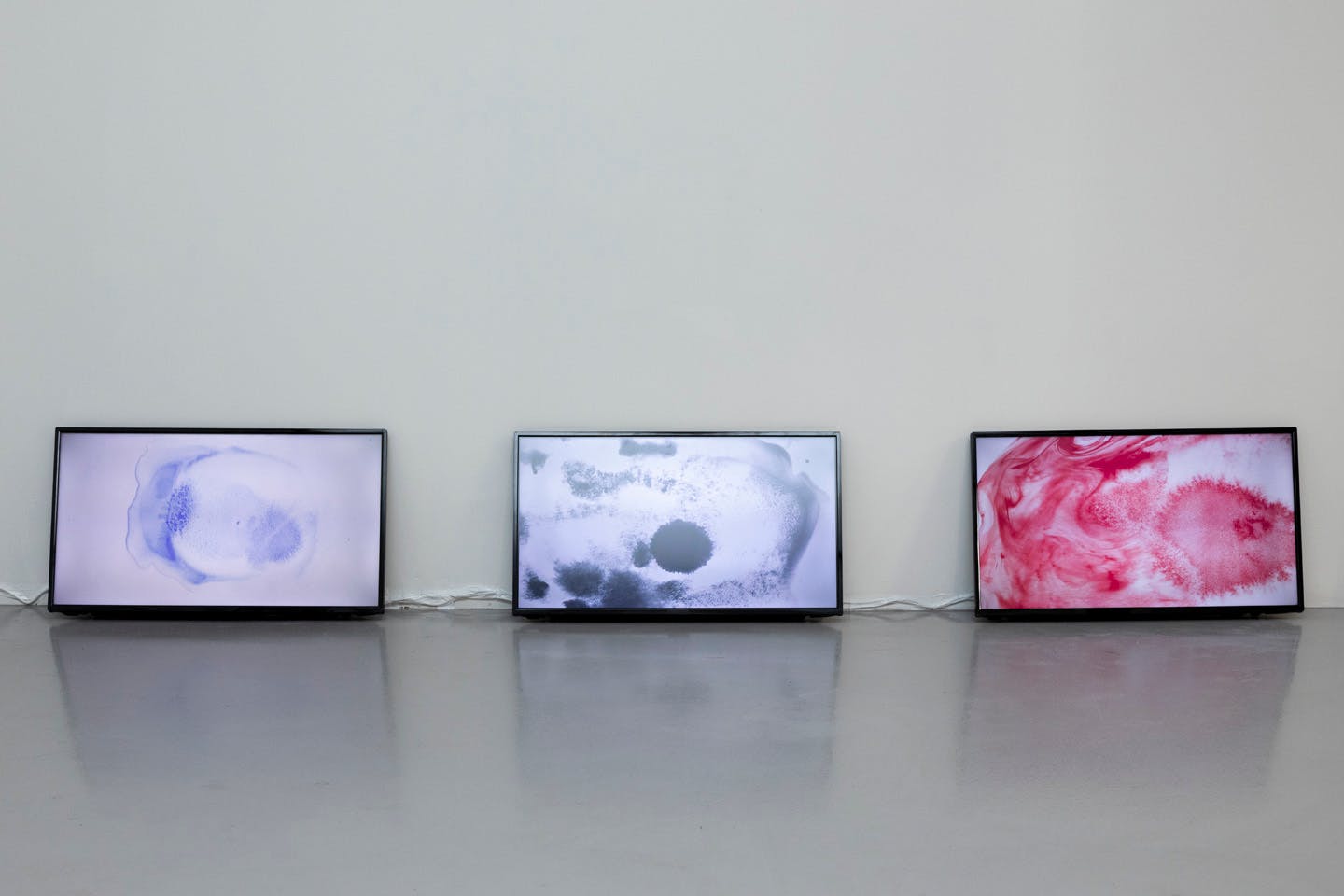 Three digital screens showing abstract fluid patterns in blue and red