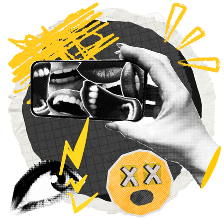 Illustration of a hand holding a mobile phone with a social media icon crossed out on the screen. Collage elements around the phone include an open mouth, an exclamation mark, fire shapes, lightning, and abstract warning graphics on a yellow and green background.