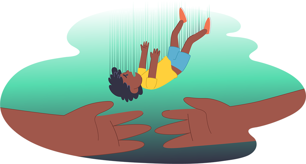 An illustrated child falling downwards with arms raised, above two large open hands reaching up from below, against a green background.