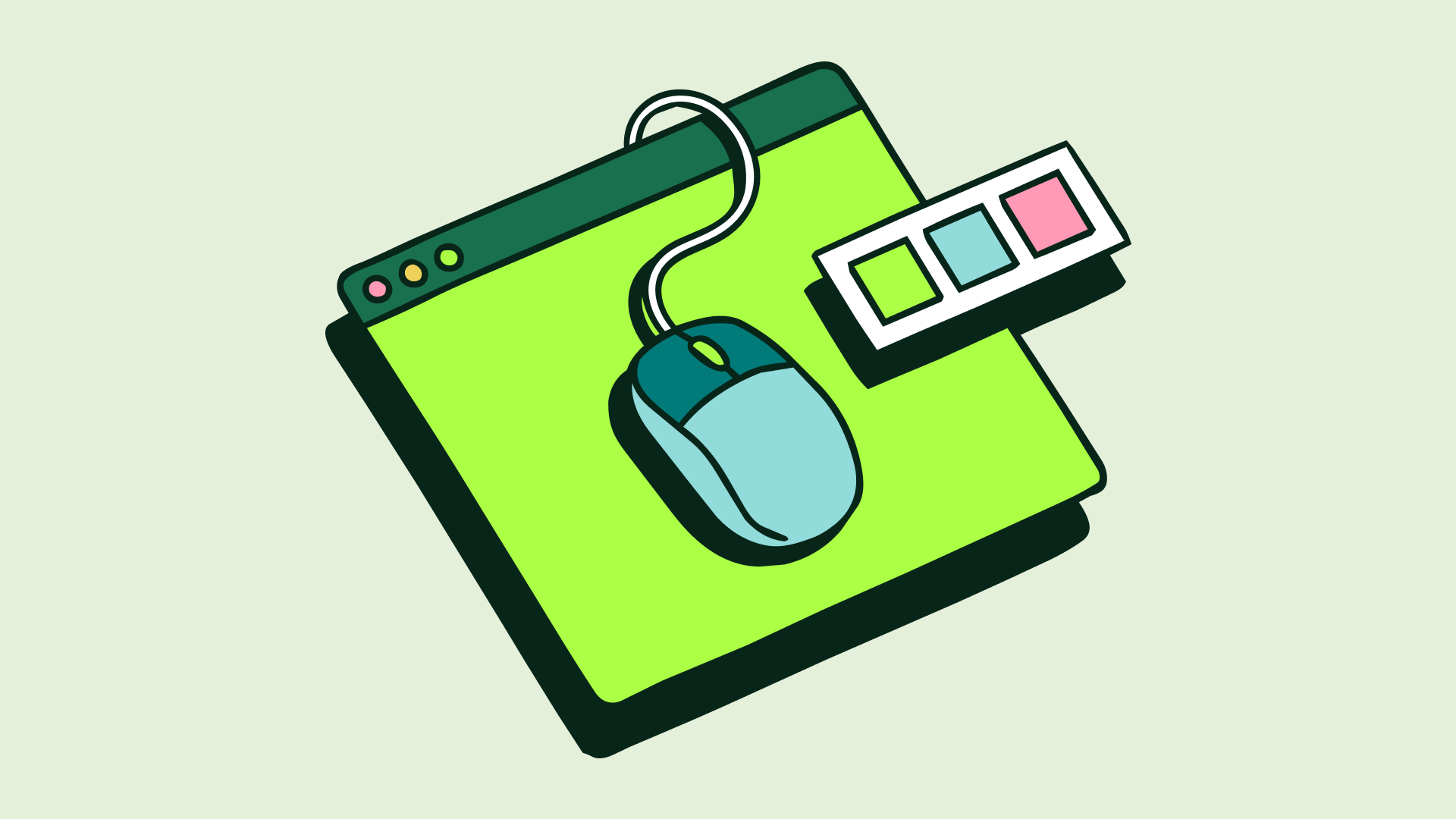Illustration of a browser window, computer mouse, and color swatches, representing content creation