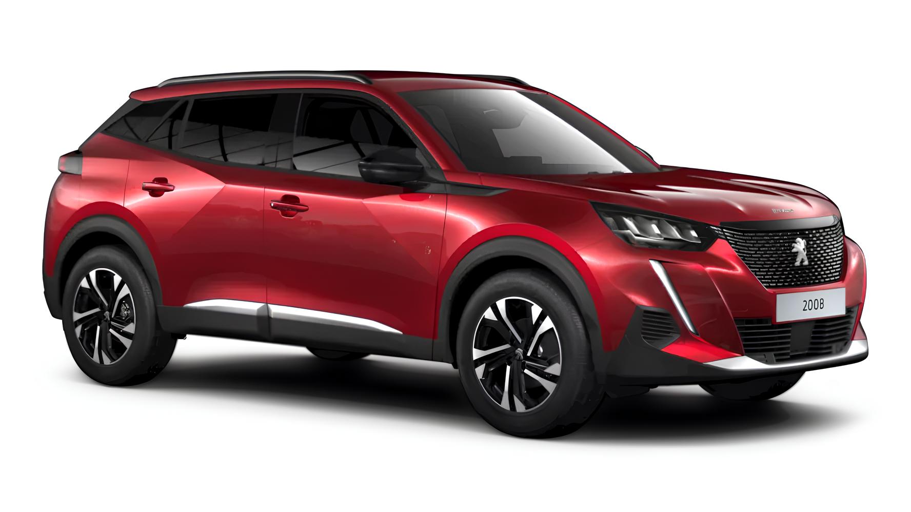 A red Peugeot 2008 compact SUV shown on a transparent background. The vehicle features a bold front grille, sleek LED headlights, and a sculpted body with sporty lines and black wheel arch accents. It combines modern design with everyday practicality, ideal for urban and suburban driving.
