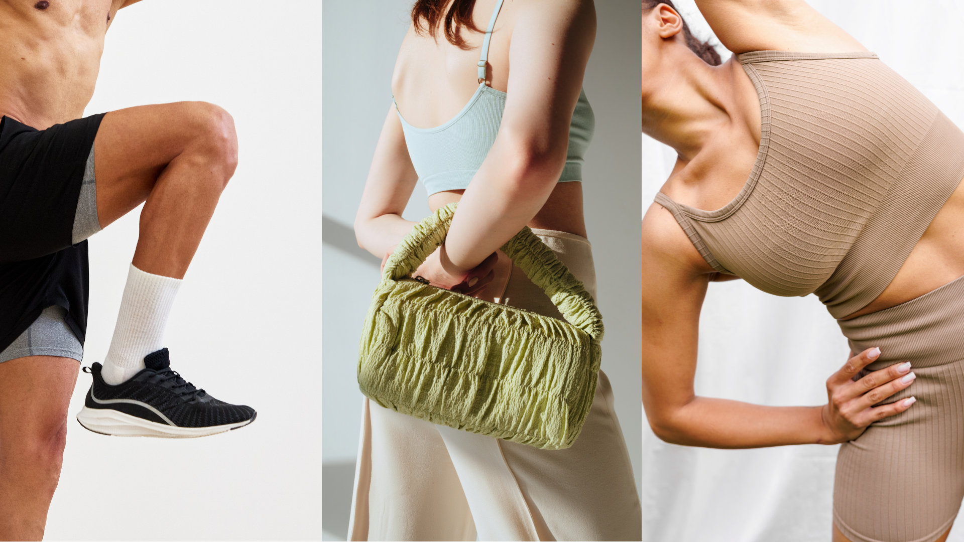 man wearing black running shoe, woman wearing light blue crop, beige pants and light green bag