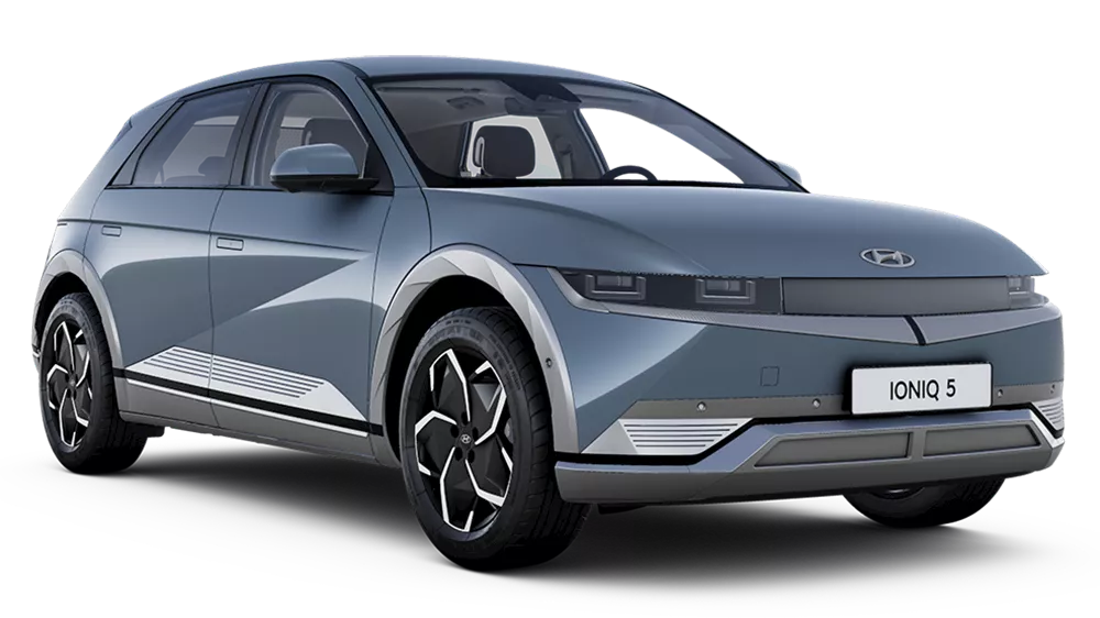 A Hyundai IONIQ 5 electric vehicle shown against a transparent background. The car features a sleek, futuristic design with sharp lines, distinctive LED headlights, and aerodynamic alloy wheels. It is a modern compact crossover, designed for efficiency and sustainability.
