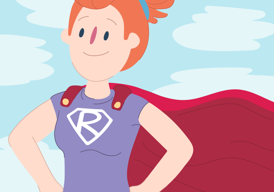 A girl stands in a superhero pose. She wears a cape, and her shirt has the letter R inside a superhero insignia.