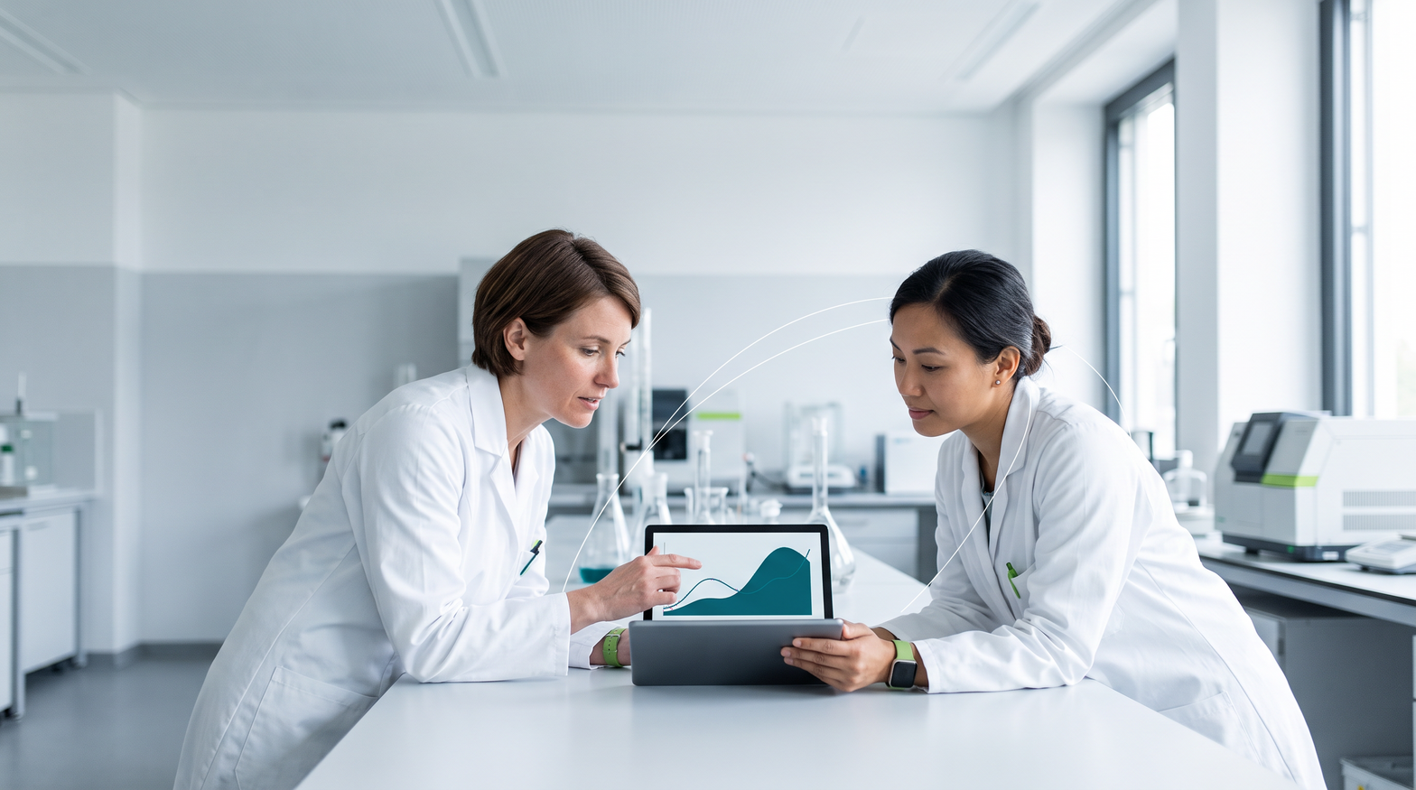 Scientists discussing a bespoke reference material project in a laboratory