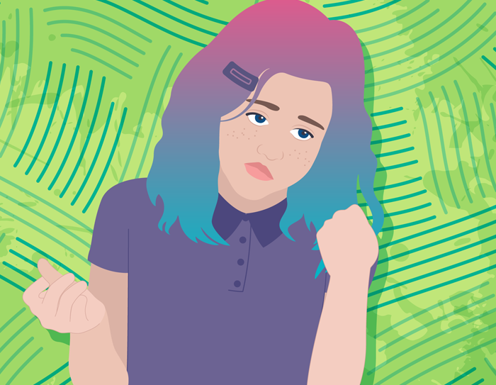 A girl looking away from the camera. The background is bright and leafy.