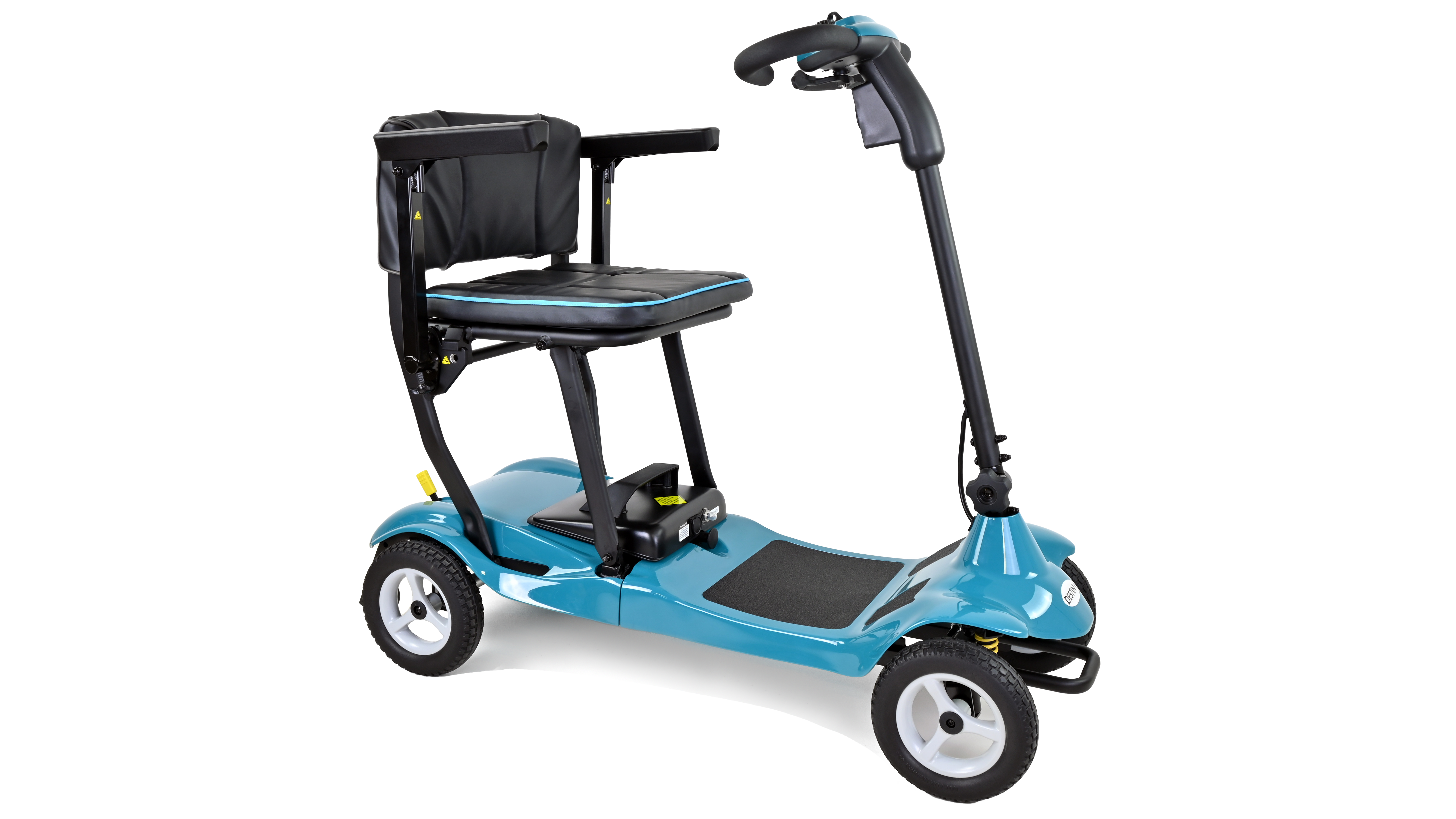 A compact, teal-blue four-wheel mobility scooter with a padded seat, armrests, and tiller-style handlebars, designed for portability and short-distance travel.
