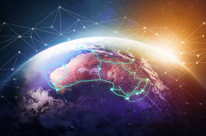 Image is a graphic of Connected Networks across Australia from space. This is taken from the Connectivity 4.0 Vocus Whitepaper