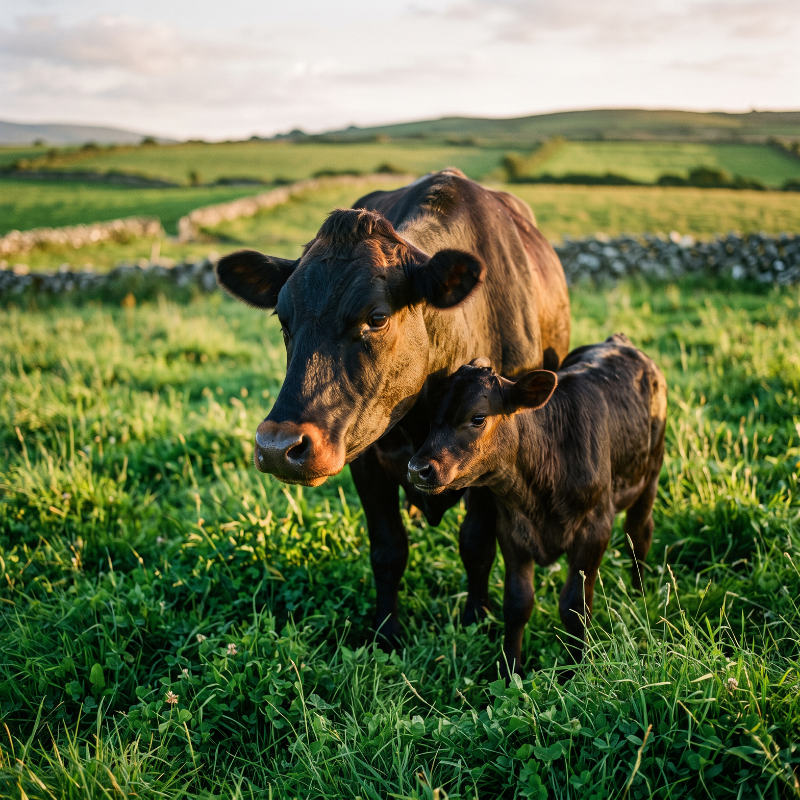 A cow and calf grazing together on lush green Irish pasture under a wide sky