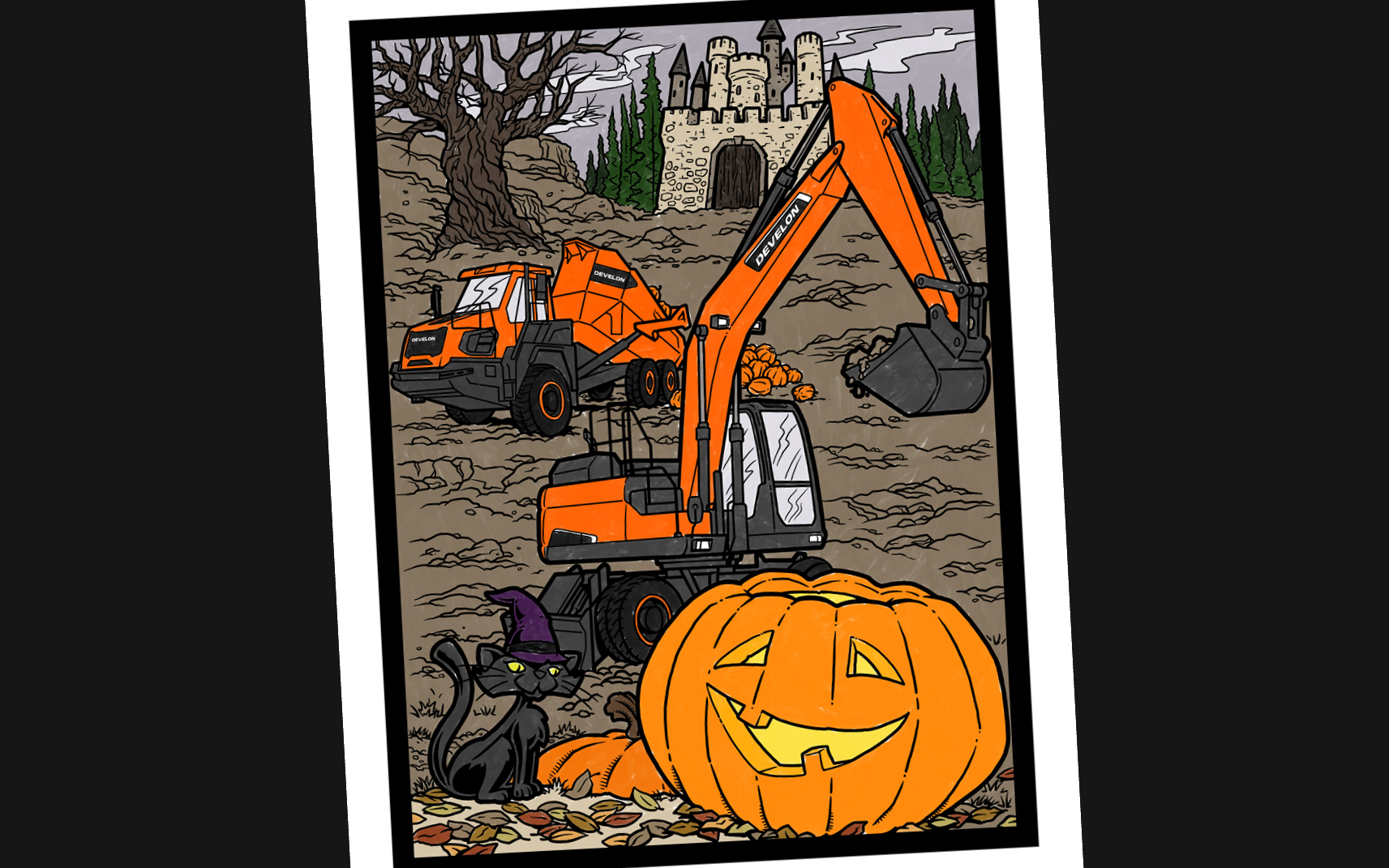 Halloween coloring page with two DEVELON machines, cat and pumpkin.