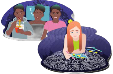 Illustration of a girl colouring in. Above them, a separate scene shows three other people grouped together holding snacks and drinks, with symbols suggesting activity and conversation.