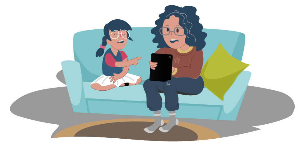 Illustration of a child and an adult sitting together on a couch. The adult holds a tablet, and the child points toward the screen. Cushions and a rug are visible in the room.