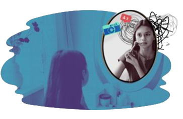 Illustration showing a person seen from behind looking toward a mirror. In the reflection, a photo‑style image appears with notification icons and scribble lines around the head. The background features layered blue shapes.