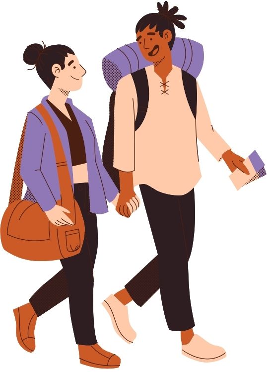 Illustration of two people walking side by side while talking. One carries a large shoulder bag, and the other wears a backpack and holds a folded piece of paper. Both are shown mid‑step against a plain white background.