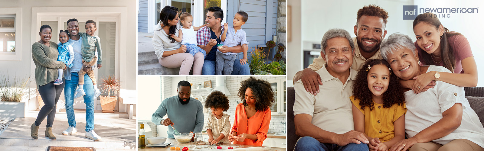 a collage of different Black and Latino families smiling in their homes 