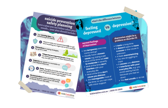 A two-panel infographic showing Kids Helpline resources. One panel is titled &ldquo;Suicide prevention safety planning&rdquo; with icons and short steps, and the other is titled &ldquo;What&rsquo;s the difference between feeling depressed vs depression?&rdquo; comparing the two in side-by-side columns.
