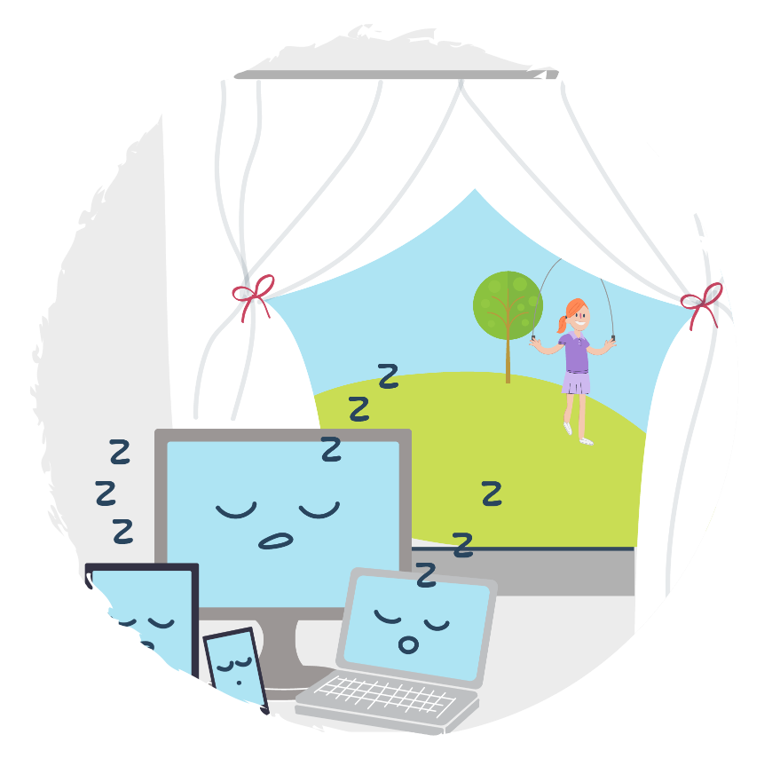 Multiple digital devices sleeping indoors while a child plays outside.
