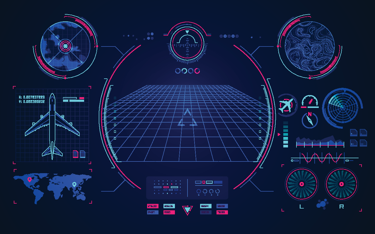 Simulation technology viewscreen showing the control for a flight simulation program, with an airplane, map, and field of vision in blue.