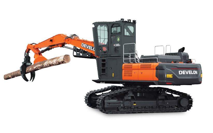 DEVELON DX340LL-7 log loader with a grapple attachment lifting a log against a white background.
