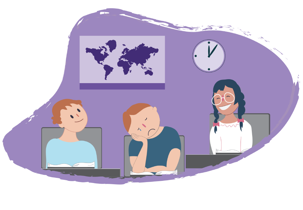 Illustrated classroom scene with three children seated at desks. One child rests their head on a hand with eyes closed and is feeling sad. A wall map and a clock are visible in the background.